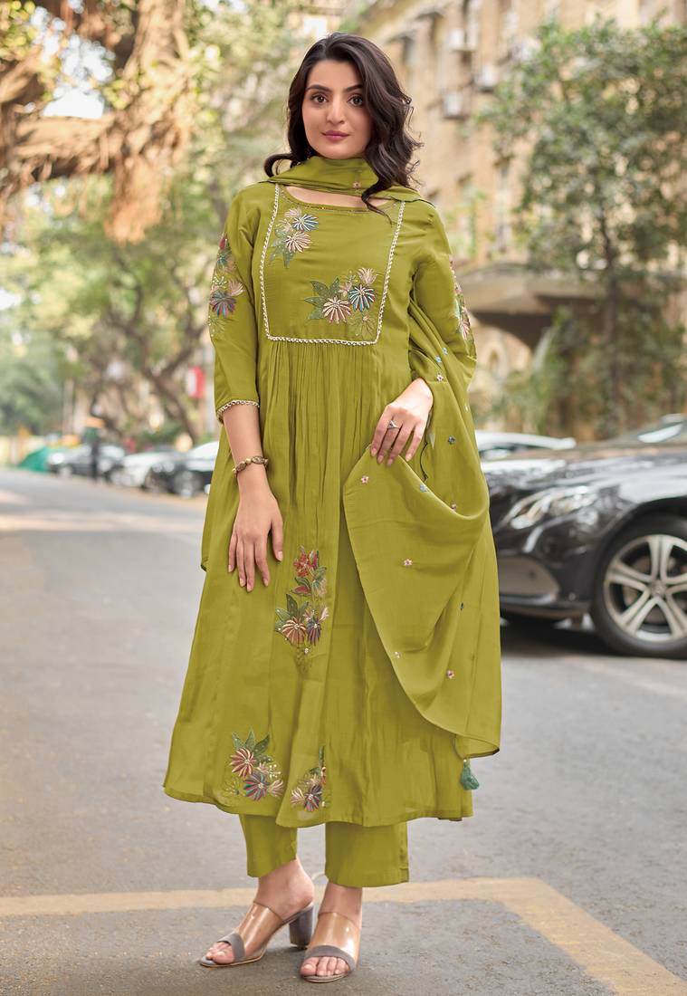 Women Ethnic Motifs Embroidered  Chanderi Cotton Kurta with Palazzos &  Dupatta