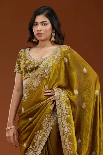 Olive Color Sequence And Zari Embroidery Work Fendy Chiffon Saree