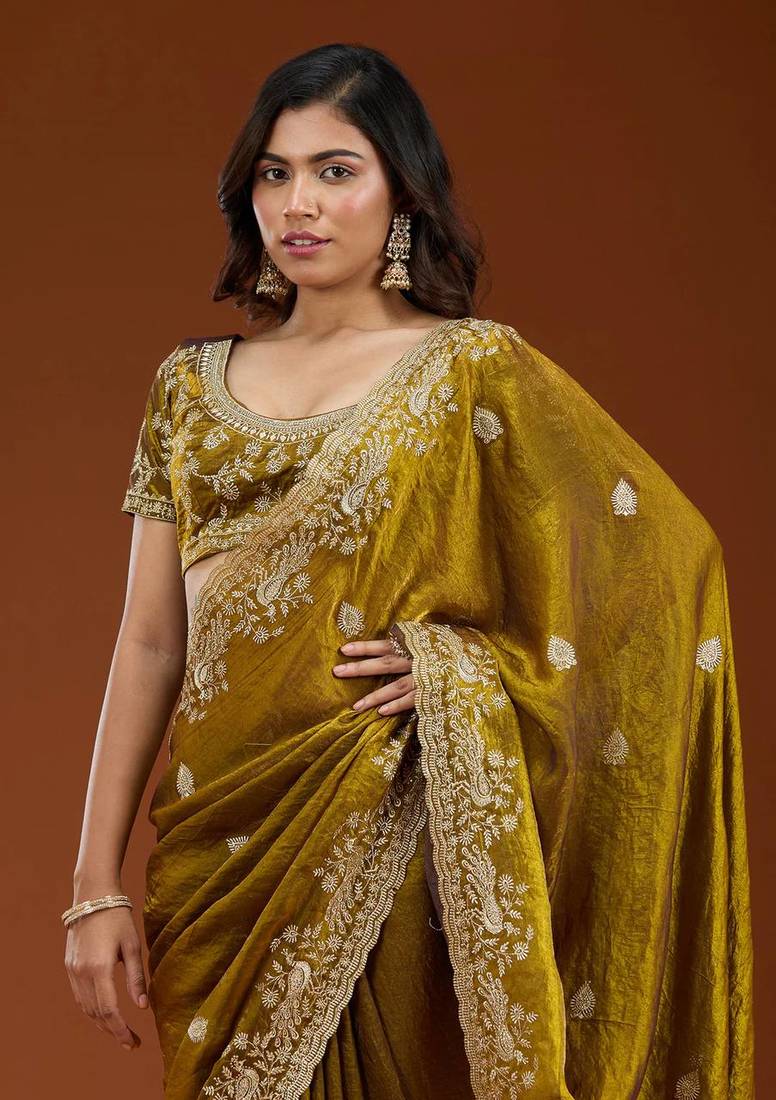 Olive Color Sequence And Zari Embroidery Work Fendy Chiffon Saree