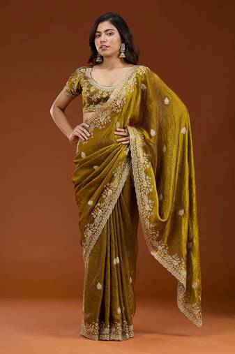 Olive Color Sequence And Zari Embroidery Work Fendy Chiffon Saree