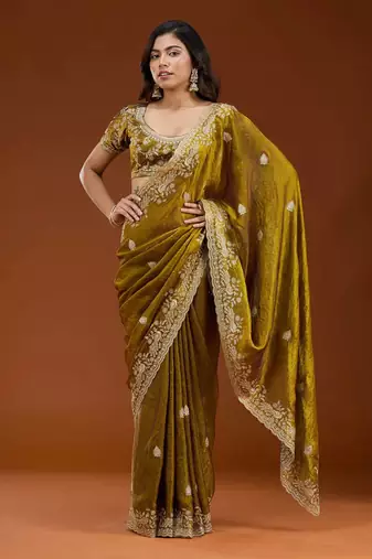 Olive Color Sequence And Zari Embroidery Work Fendy Chiffon Saree