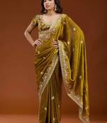 Olive Color Sequence And Zari Embroidery Work Fendy Chiffon Saree