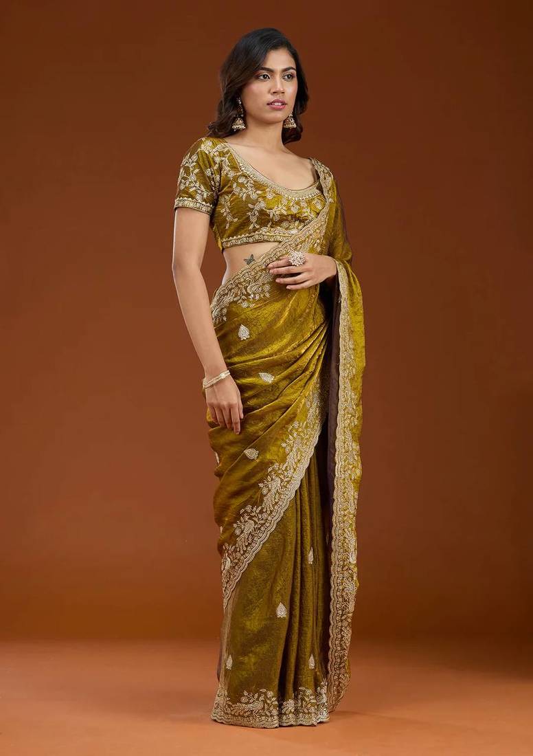 Olive Color Sequence And Zari Embroidery Work Fendy Chiffon Saree