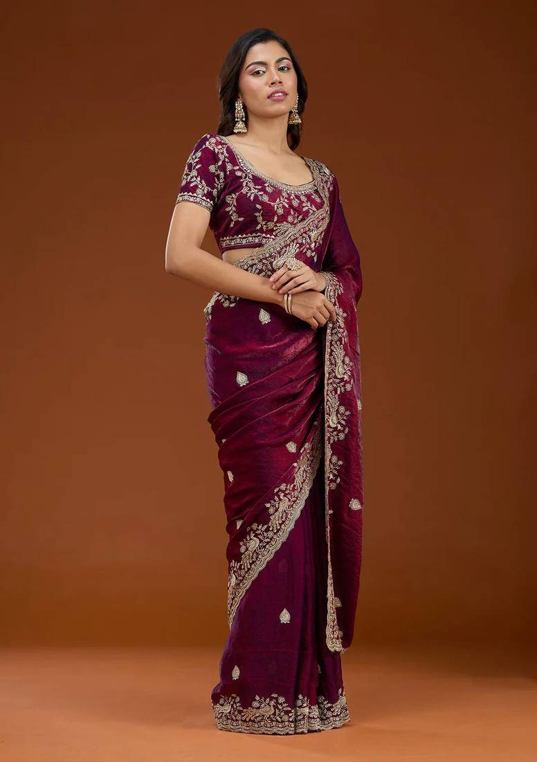 Plum Color Sequence And Zari Embroidery Work Fendy Chiffon Saree