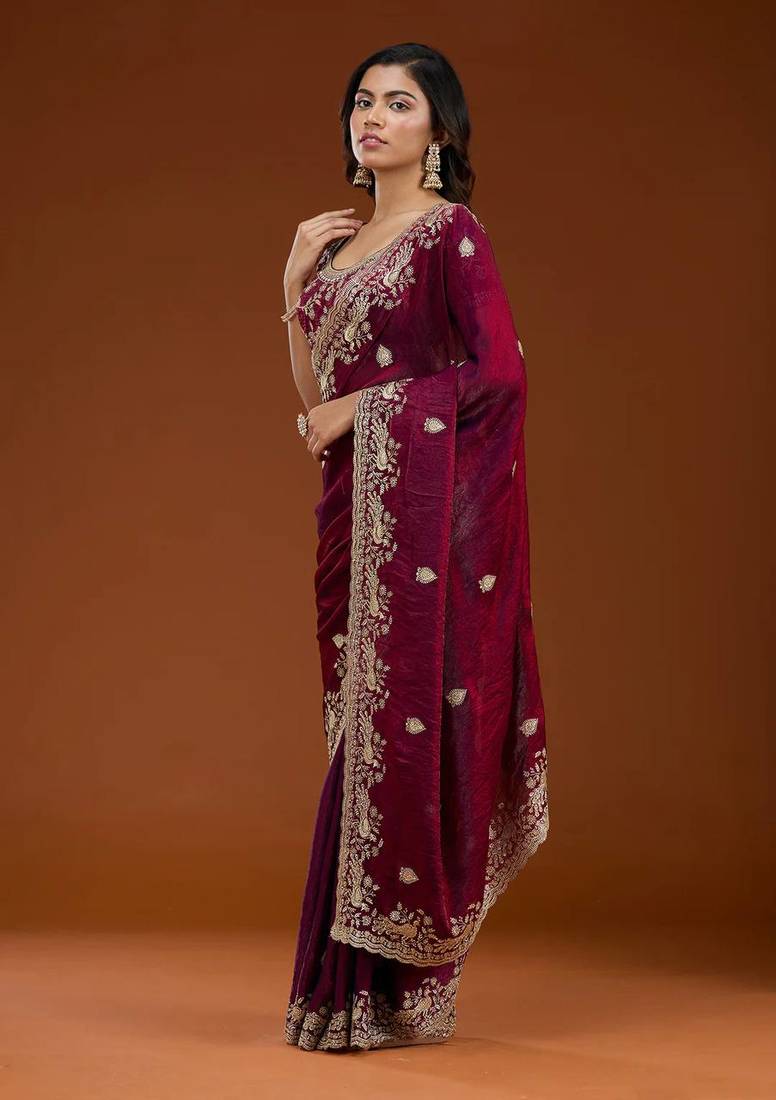 Plum Color Sequence And Zari Embroidery Work Fendy Chiffon Saree