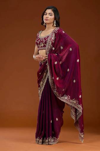 Plum Color Sequence And Zari Embroidery Work Fendy Chiffon Saree
