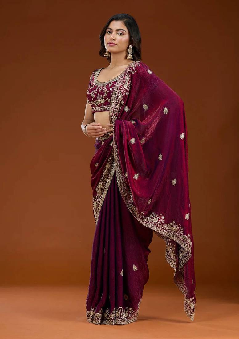 Plum Color Sequence And Zari Embroidery Work Fendy Chiffon Saree