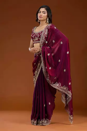 Plum Color Sequence And Zari Embroidery Work Fendy Chiffon Saree
