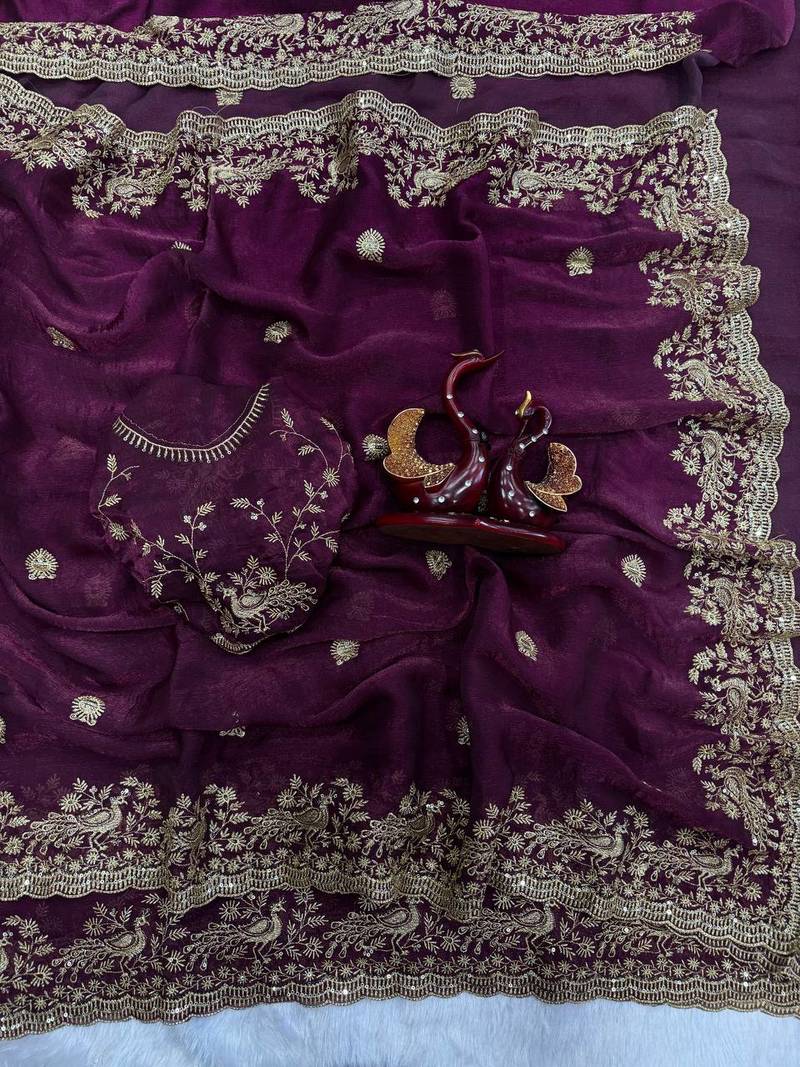 Plum Color Sequence And Zari Embroidery Work Fendy Chiffon Saree