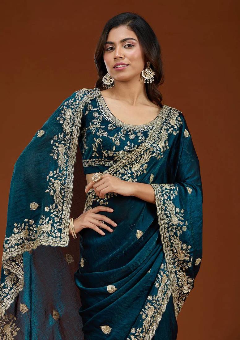 Teal Color Sequence And Zari Embroidery Work Fendy Chiffon Saree