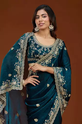 Teal Color Sequence And Zari Embroidery Work Fendy Chiffon Saree