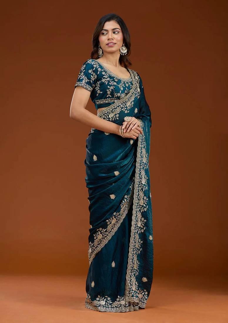 Teal Color Sequence And Zari Embroidery Work Fendy Chiffon Saree