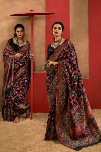 black model cotton saree with pashmina weaving | party, festive & wedding wear
