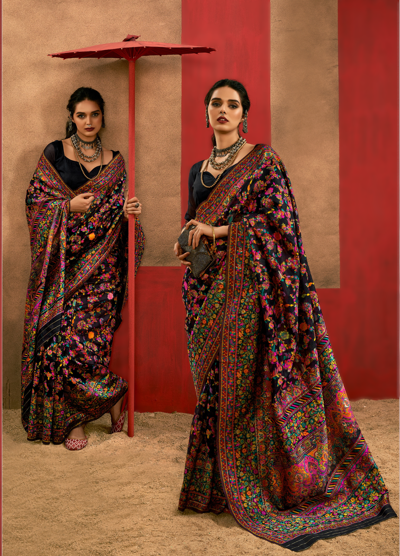 black model cotton saree with pashmina weaving | party, festive & wedding wear