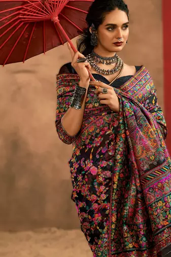 black model cotton saree with pashmina weaving | party festive & wedding wear