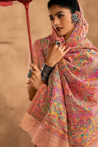 peach model cotton saree with pashmina weaving | party festive & wedding wear