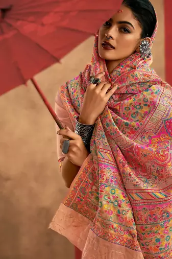 peach model cotton saree with pashmina weaving | party festive & wedding wear