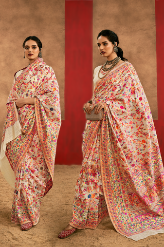 cream model cotton saree with pashmina weaving | party, festive & wedding wear