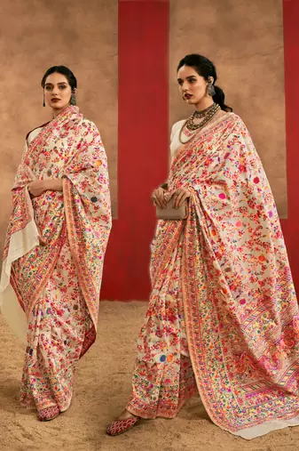 cream model cotton saree with pashmina weaving | party, festive & wedding wear