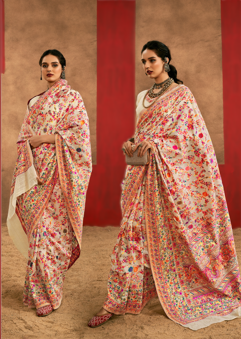 cream model cotton saree with pashmina weaving | party, festive & wedding wear