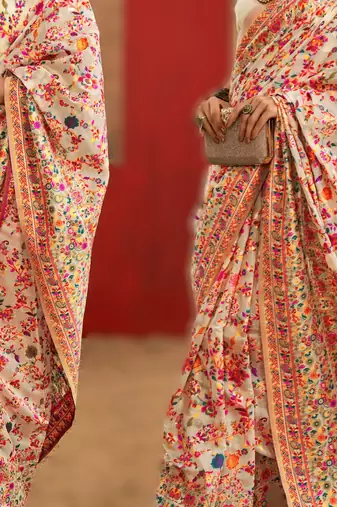 cream model cotton saree with pashmina weaving | party festive & wedding wear