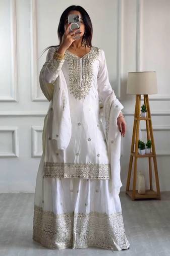 White Embroidered Kurti With Palazzo Sequins Work Designer Kurti Set With Dupatta