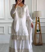 White Embroidered Kurti With Palazzo Sequins Work Designer Kurti Set With Dupatta