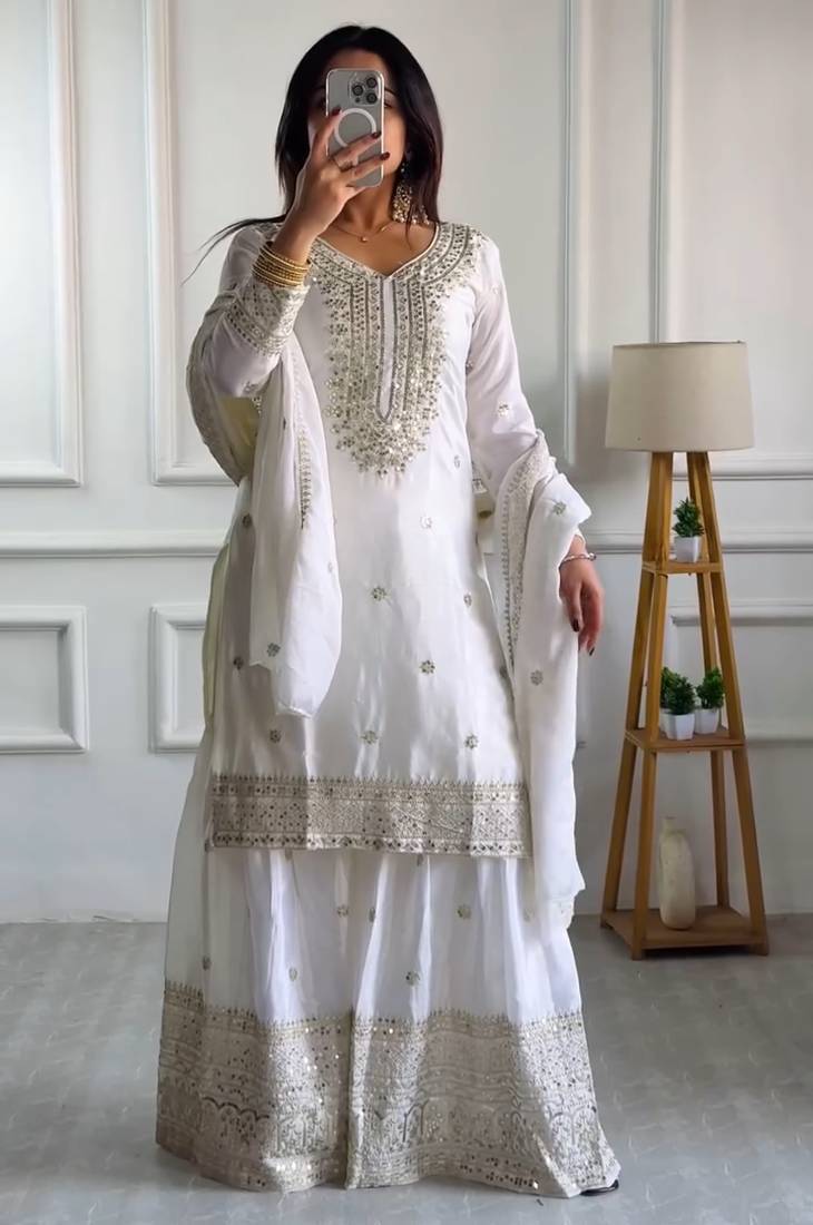 White Embroidered Kurti With Palazzo Sequins Work Designer Kurti Set With Dupatta