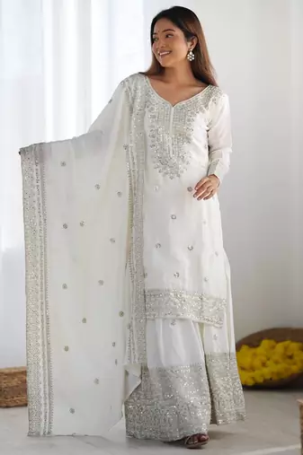 White Embroidered Kurti With Palazzo Sequins Work Designer Kurti Set With Dupatta