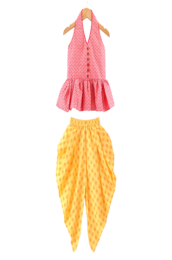 woven cotton sleeveless printed top with printed dhoti-coral & yellow
