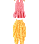 woven cotton sleeveless printed top with printed dhoti-coral & yellow