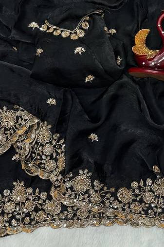 Black Color Beads And  Sequence Embroidery Work Space Silk Blend Saree