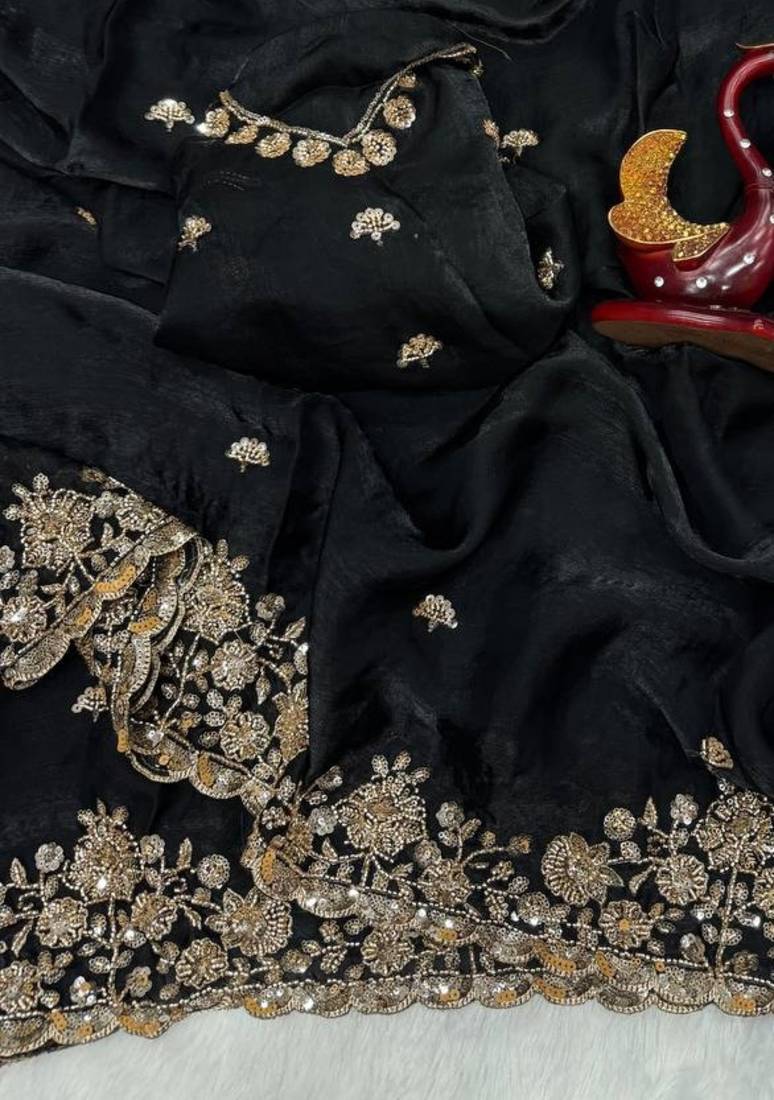 Black Color Beads And  Sequence Embroidery Work Space Silk Blend Saree