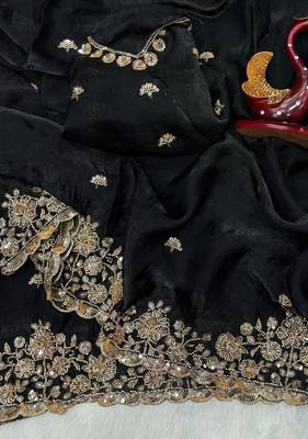 Black Color Beads And  Sequence Embroidery Work Space Silk Blend Saree 1