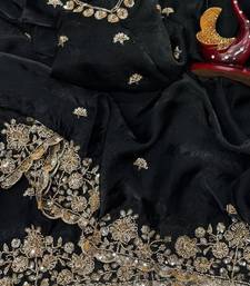 Black Color Beads And  Sequence Embroidery Work Space Silk Blend Saree
