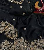 Black Color Beads And  Sequence Embroidery Work Space Silk Blend Saree