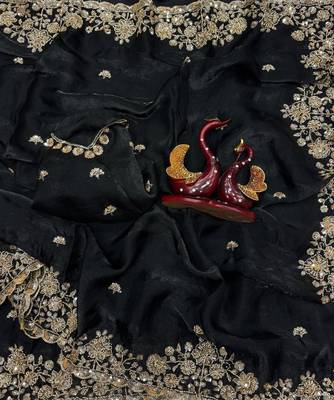 Black Color Beads And  Sequence Embroidery Work Space Silk Blend Saree 2