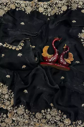Black Color Beads And  Sequence Embroidery Work Space Silk Blend Saree