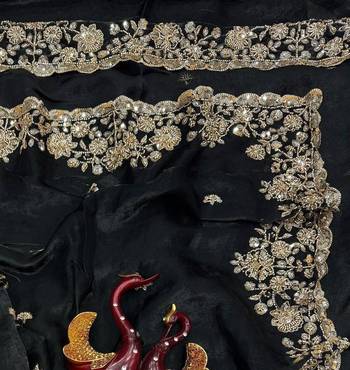 Black Color Beads And  Sequence Embroidery Work Space Silk Blend Saree 3