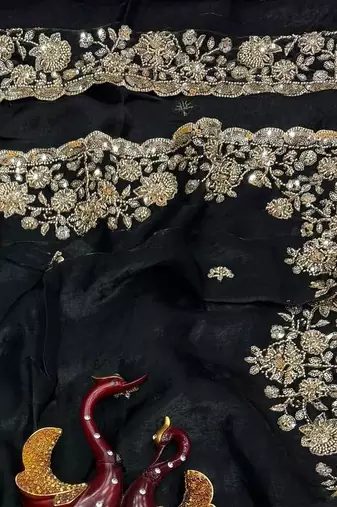 Black Color Beads And  Sequence Embroidery Work Space Silk Blend Saree