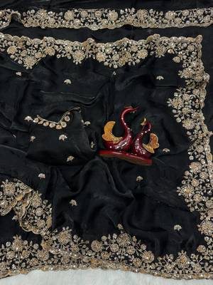 Black Color Beads And  Sequence Embroidery Work Space Silk Blend Saree 4