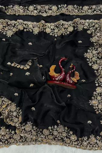 Black Color Beads And  Sequence Embroidery Work Space Silk Blend Saree