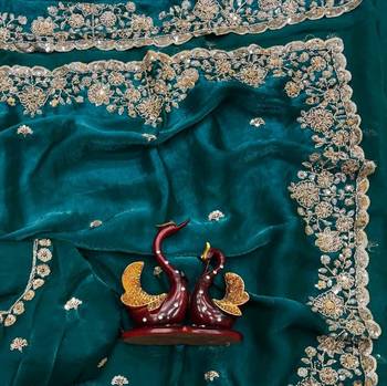 Emerald Color Beads And  Sequence Embroidery Work Space Silk Blend Saree 1
