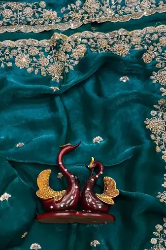 Emerald Color Beads And  Sequence Embroidery Work Space Silk Blend Saree
