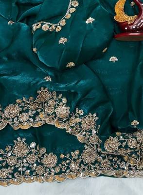 Emerald Color Beads And  Sequence Embroidery Work Space Silk Blend Saree 2