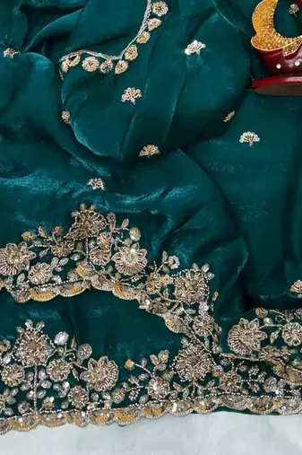 Emerald Color Beads And  Sequence Embroidery Work Space Silk Blend Saree