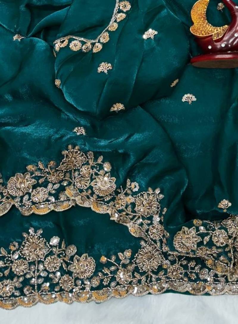 Emerald Color Beads And  Sequence Embroidery Work Space Silk Blend Saree