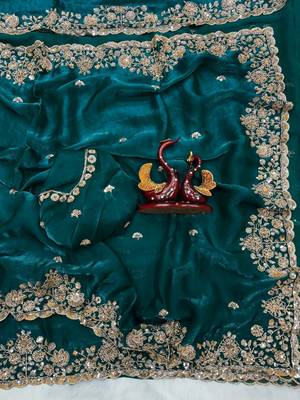 Emerald Color Beads And  Sequence Embroidery Work Space Silk Blend Saree 3