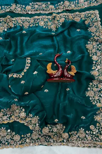 Emerald Color Beads And  Sequence Embroidery Work Space Silk Blend Saree