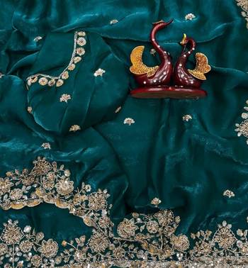 Emerald Color Beads And  Sequence Embroidery Work Space Silk Blend Saree 4